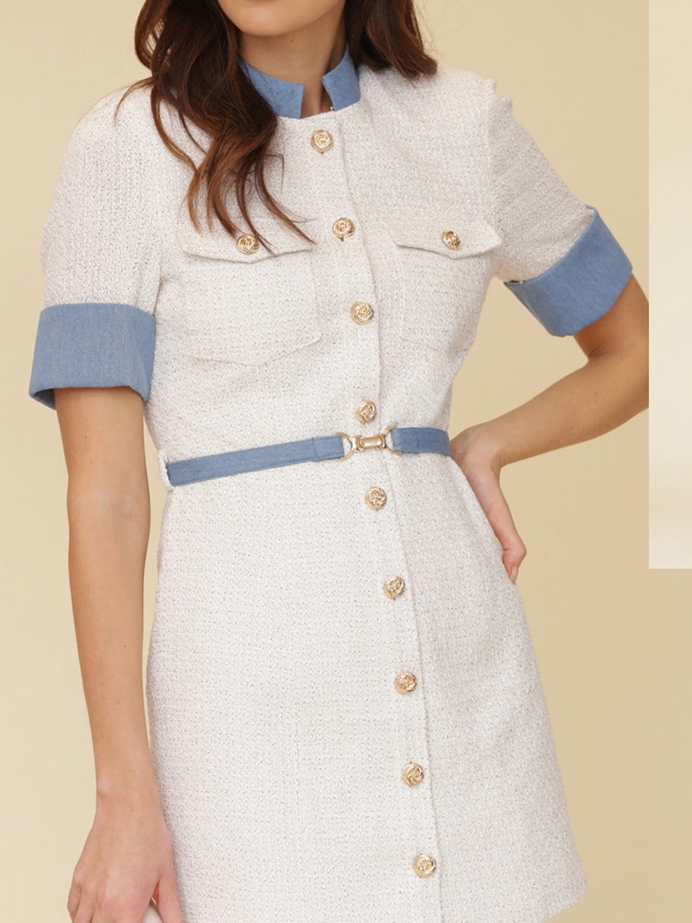 Avec Les Filles White Tweed Mini Dress with Blue Trim